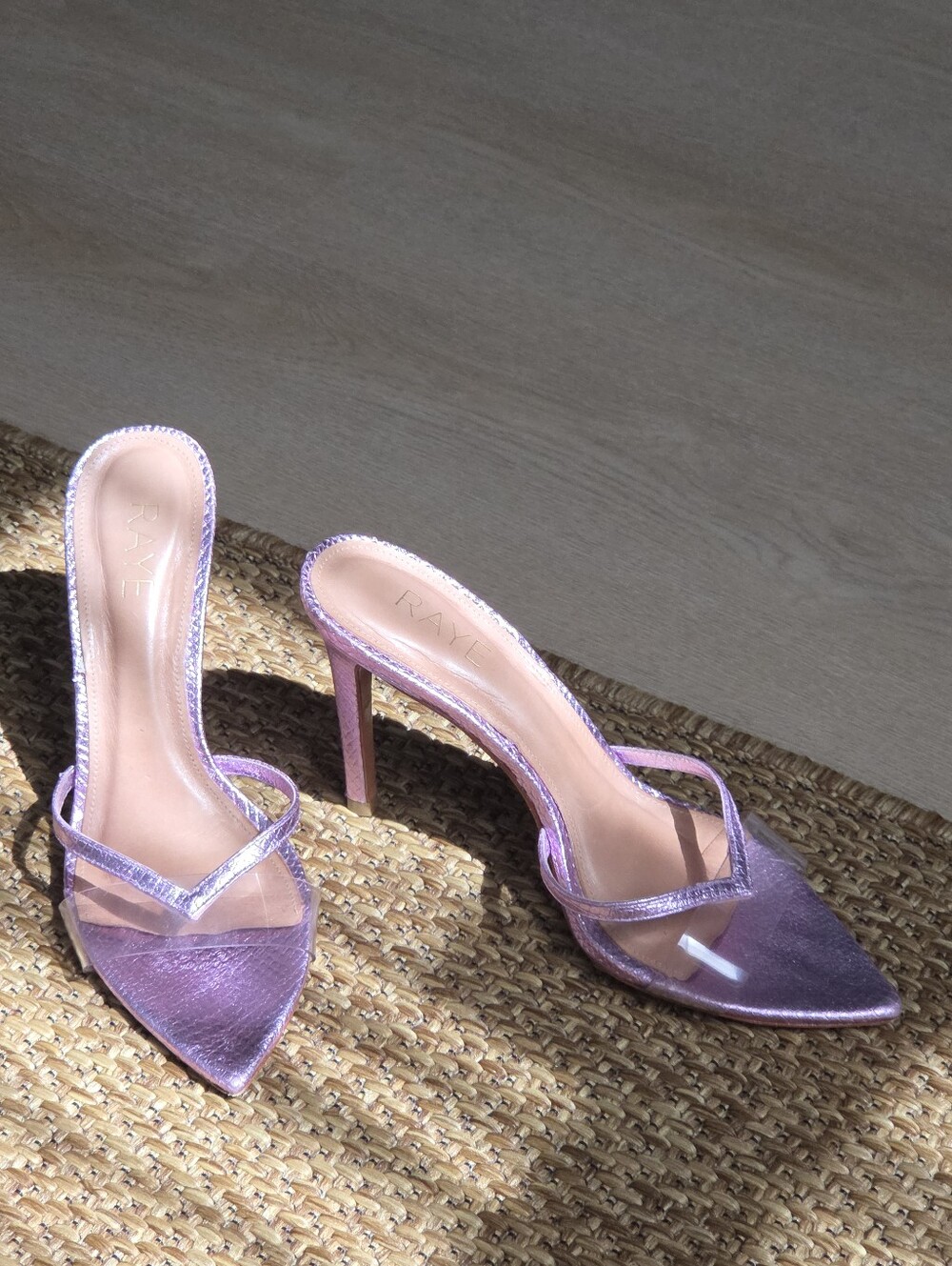RAYE Lilac Metallic Pointed Toe Mule Heels